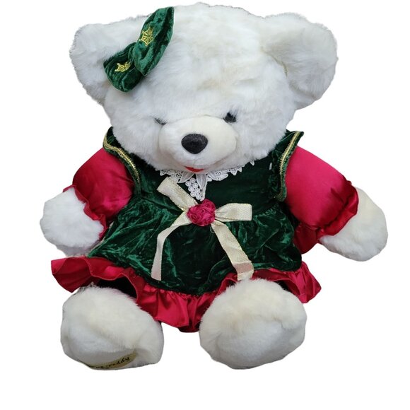 Vintage 90s Dan Dee Christmas Snowflake Teddy 21 inch Plush Girl Bear Dress Bow - Picture 1 of 5